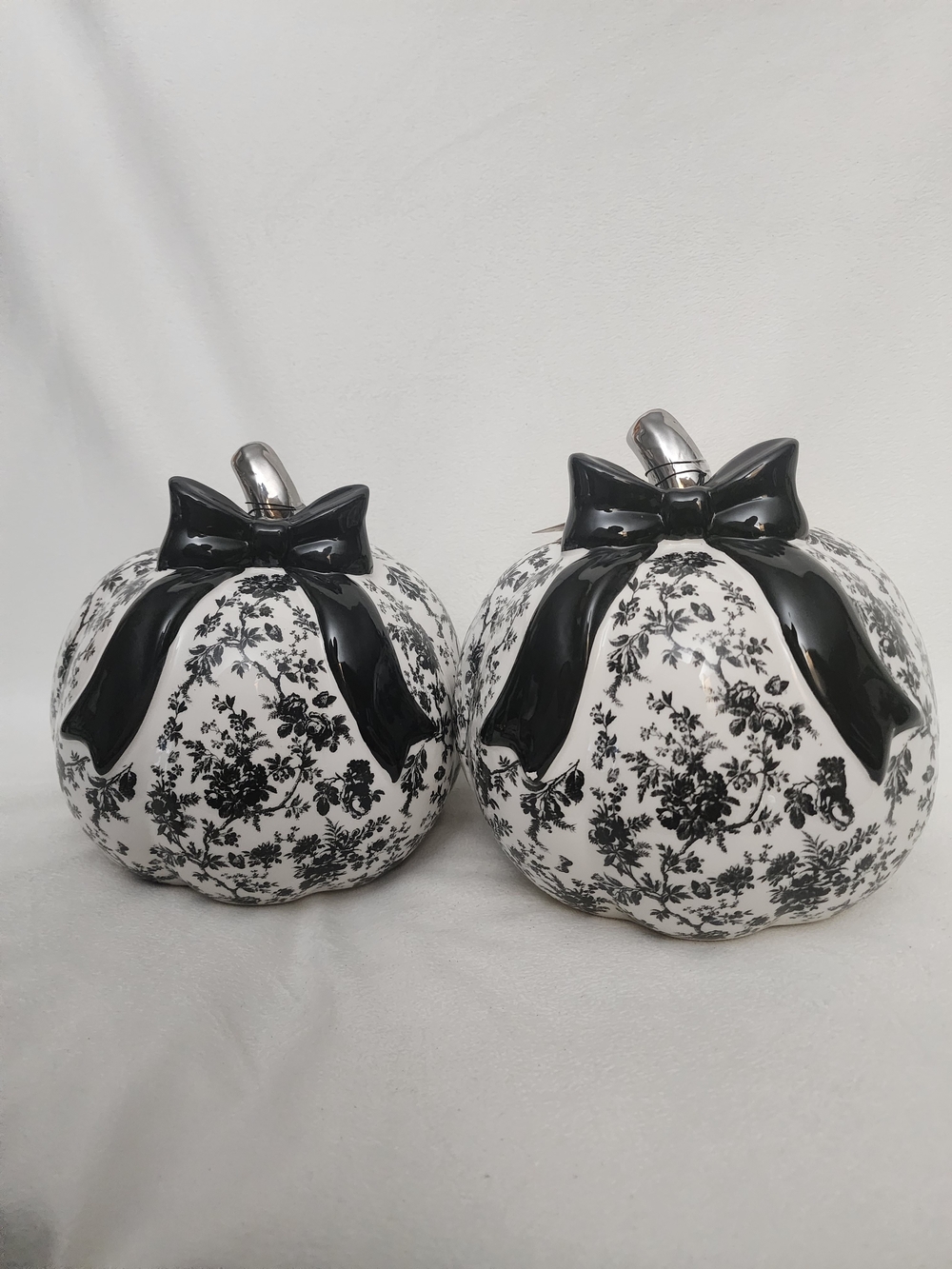 Decorative 2 Ceramic Black and White Floral Bow Pumpkin Accent - Home Accents
